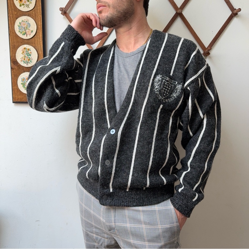 Vintage 90s Black and White Striped Knit Cardigan Sweater